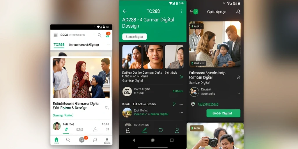 Antarmuka TO288 yang menampilkan berbagai alat edit foto dan desain digital.