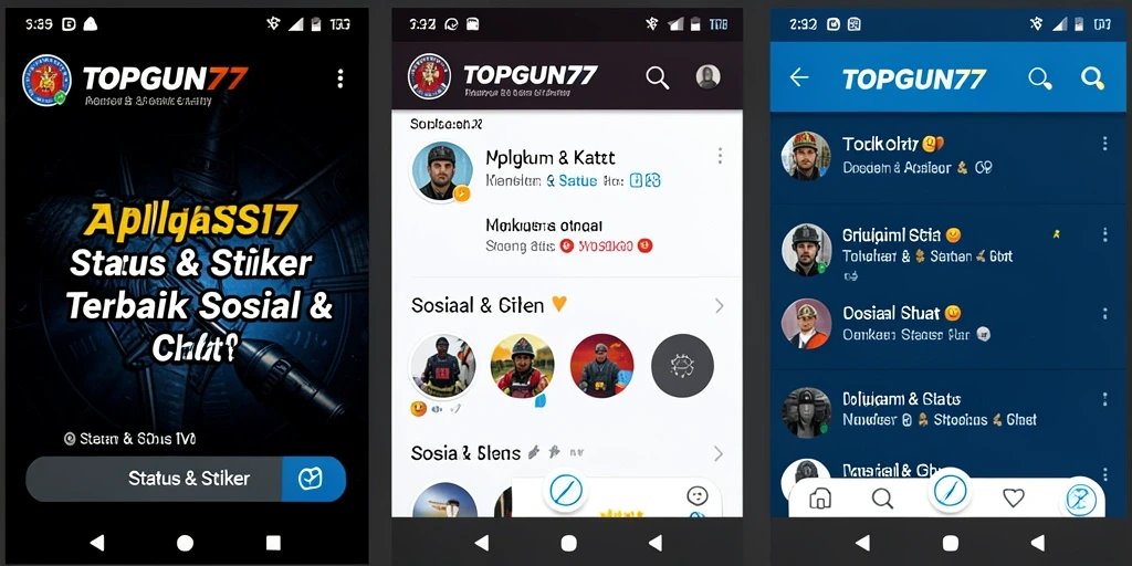 Antarmuka aplikasi TOPGUN77 menampilkan berbagai stiker menarik dan status kreatif.
